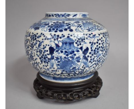 A 19th Century Chinese Blue and White Vase of Squat Bellied Form Decorated with Precious Objects, Antique Vases, Scrolls, Bir