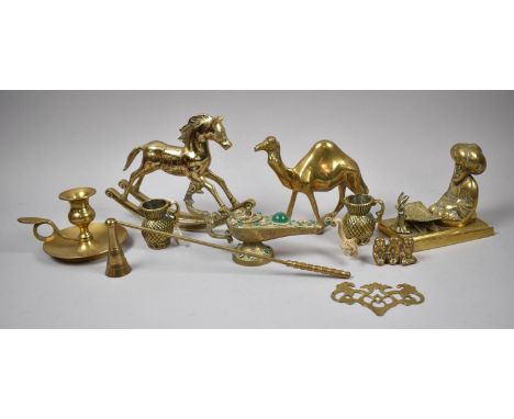 A Collection of Brass Ornaments to Include Aladdin Lamp, Rocking Horse, Camel, Bedchamber Stick, Arabic Scribe etc 