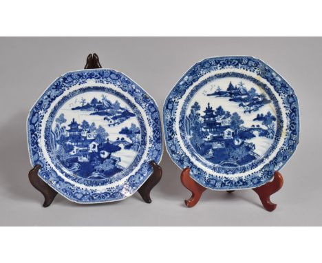 A Pair of 18th/19th Century Chinese Blue and White Octagonal Export Plates, Decorated with Village Scene, Staple Repair and G