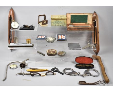 A Collection of Curios to Include Vintage Wooden Spinning Shuttles, Wrist and Pocket Watches, Vintage Padlocks, Desktop Wall 