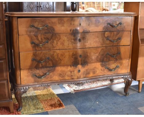 A French Walnut Serpentine Fronted Four Drawer Commode Chest, 130cm Long 