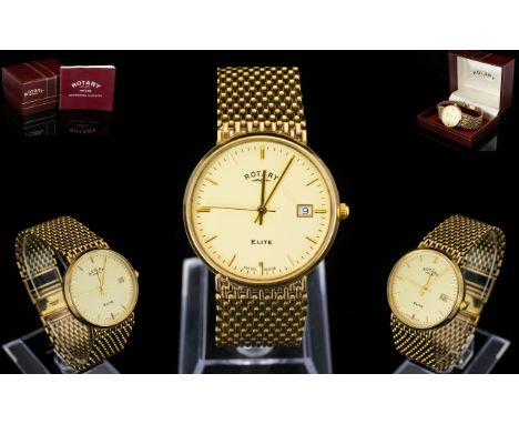 Rotary - Elite Handsome Gentleman's 9ct Gold Circular Dial - Integral Mesh Bracelet Wrist Watch of Excellent Condition In All