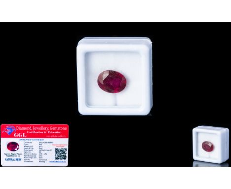 Natural Ruby Loose Gemstone With GGL Certificate/Report Stating The Ruby To Be 6.43cts Oval Cut, 11.74 x 9.34 x 6.37mm, Natur