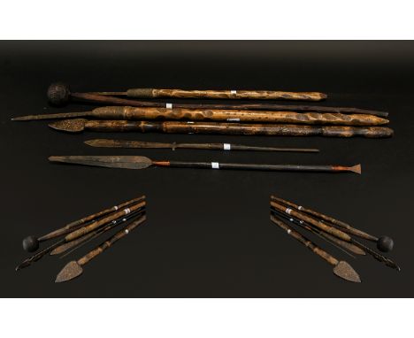 KNOBKERRIE AND AFRICAN WEAPONS. TO INCLUDE SMALL SPEARS AND STABBING WEAPONS, 6 IN TOTAL, LONGEST 27 INCHES IN LENGTH, PLEASE