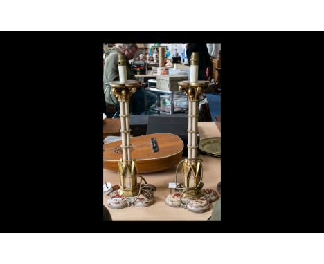 A Pair Of Gothic Style Table Lamp Bases Each raised on quatrefoil base with fleur de lys scroll terminals and gilt gothic tra