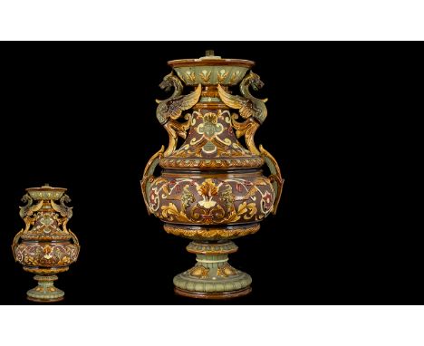 Wilhelm Schiller &amp; Son Bohemia Twin Handle Majolica Vase - Later converted to a lamp base, of typical form with ornate ba
