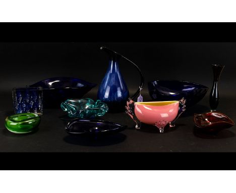 A Collection of Glassware to include Davidson blue heavy glass set of three decorative bowls; a large blue vase/jug with hand