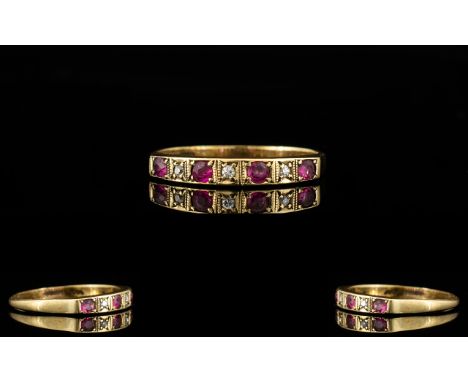 18ct Gold - 3 Stone Ruby and Diamond Dress Ring, The Four Rubies Set with Diamond Spacers. Fully Hallmarked for 18ct. Ring Si