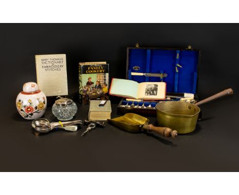 A Mixed Collection Of Cutlery Ceramics And Ephemera To include boxed canteen of cutlery, cut glass posy bowl, lidded ceramic 