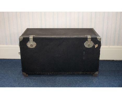 Early 20th Century Steamer Trunk Of Large Proportion, With White Metal Hardware, Black Waterproof Coating, Good Clean Conditi
