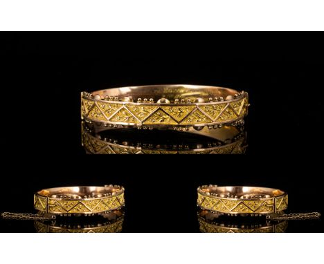 Antique Period Wonderful Quality Ornate 9ct Gold Hinged Bangle with Attached Safety Chain. Fully Hallmarked for 9.375 of Supe
