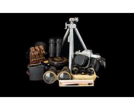Mixed Lot Of Oddments And Collectables, To Include A Camera, Tripod, Jockey Club Binoculars, Manicure Set, carved monkey figu