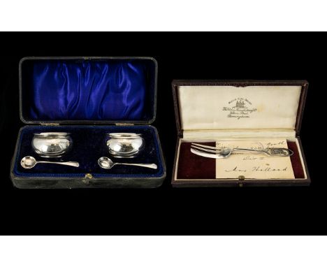 A Boxed Set Of Silver Salts Of plain form each with accompanying spoons, housed in fitted box, fully hallmarked for Birmingha