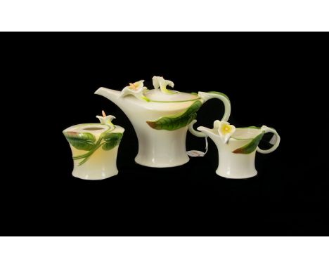 Graff Porcelain Three Piece Arum Lily Design Tea Service Each boxed and marked to base, good condition comprising teapot, sug