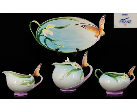 Franz Fine Porcelain Handpainted 4-Piece Papillon Butterfly Tea Service.  Including large and impressive handled platter/tray