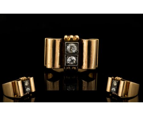 18ct Yellow Gold And Diamond Set Modernist/Brutalist Cocktail Ring Of solid, architectural form, the middle centre set with t