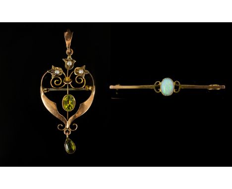 A 9ct Gold And Opal Set Bar Brooch And 9ct Peridot Pendant Drop Antique, slim bar brooch, the centre set with opal cabochon, 