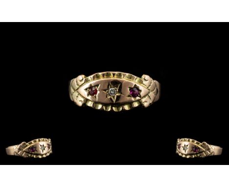 Edwardian Period Attractive 9ct Gold Ruby and Diamond Dress Ring - fully hallmarked, ring size O. Excellent condition, 