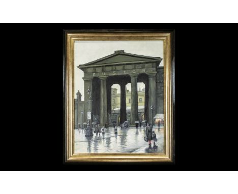 Steven Scholes 1952 Oil on Canvas Titled 'The Euston Arch' Euston Station, London 1956 Oil on Canvas - signed to the lower ri