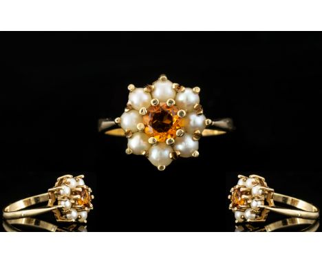 Ladies 9ct Gold - Attractive Fire Opal and Pearl Cluster Ring, Flower head Setting, The Central Opal Surrounded by 8 Pearls a