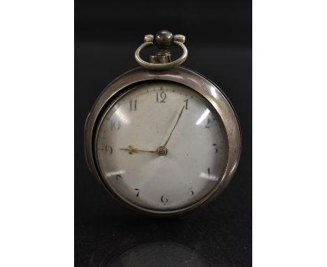 A George III silver pair cased pocket watch, A Kemp, Edinburgh. cream enamel dial, Arabic numerals, minute track, gilt hands,