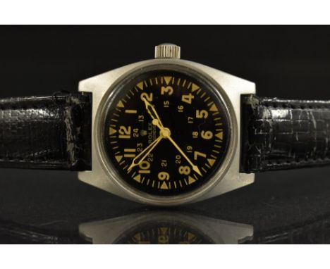 Watches - a Mechanical military type wristwatch, black dial, Arabic numerals, centre seconds, manual movement, marked Montres