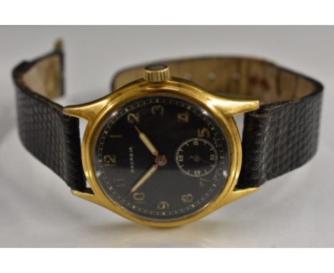 Arcadia - a vintage gentleman's wristwatch, black dial, luminous Arabic numerals, minute track, subsidiary seconds, rose meta