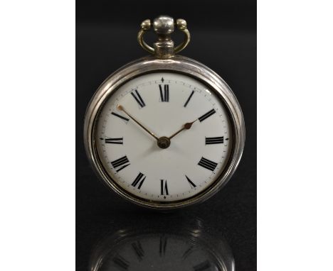 A George III silver pair case pocket watch, J & H Peachey, London, whire enamel dial, bold Roman numerals, minute track, rose