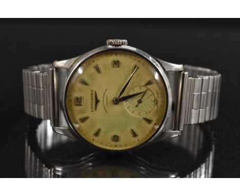 Longines - a stainless steel gentleman's wristwatch, 3cm cream dial, Arabic quarter-numerals and arrow baton markers, subsidi