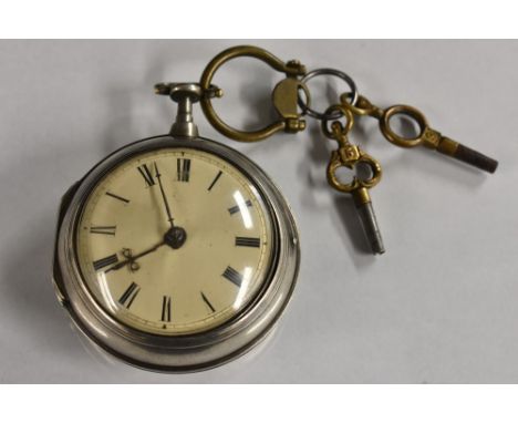 A George III silver pair cased fusee pocket watch, R P Crambers, London, cream dial, bold Roman numerals, minute track, chain