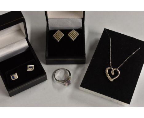 Jewellery - a 9ct white gold loveheart pendant necklace, set with diamond accents, ; two pairs of 9ct white gold earrings; a 