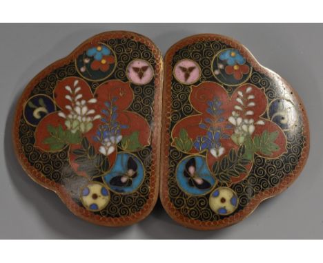 A Chinese cloisonne enamel buckle, enamelled with butterflies and symbols