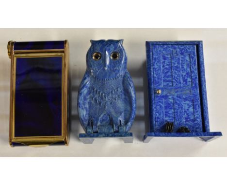 A Bourjois blue bakelite owl perfume holder; another similar door holder; a blue enamel musical compact/cigarette holder 