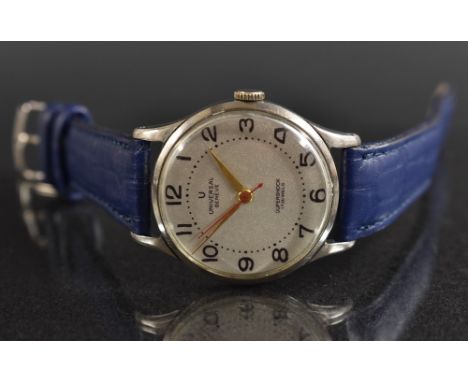 Universal  - a Geneve supershock wristwatch, textured grey dial, Arabic numerals, centre seconds, gilt hands, manual wind 267