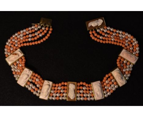 A cameo coral and cultured pearl choker necklace, five strand body divided by seven individually carved neoclassical portrait