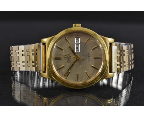 Omega  - a vintage 1970s Gentleman's Geneve Automatic day/date wristwatch, brushed silvered dial, blck batons, minute track, 