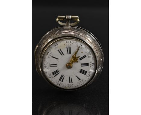 An 18th century George III silver pair cased pocketwatch, J Miller London, white enamel dial, Roman numerals, outer Arabic nu