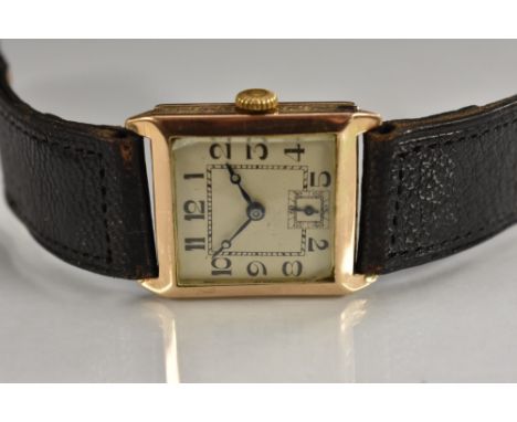 An Art Deco 9ct gold wristwatch, square silvered dial, stylized Arabic numerals, minute track, subsidiary seconds, manual Swi