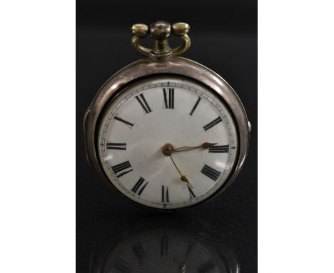 A George III silver pair case pocket watch, Richard Biggs, Romsey, white enamel dial, bold Roman numerals, minute track, rose