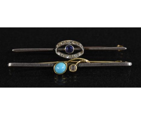 Brooches - an Edwardian 15ct gold bar brooch set with a single round cut diamond and an oval turquoise cabochon, white metal 