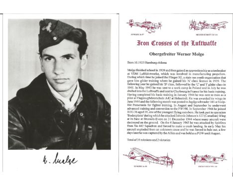 WW2 Luftwaffe ace Obergefreiter Werner Molge signed black and white 8x6 portrait photo. Good Condition. All autographs are ge