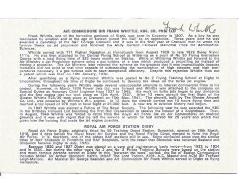 Air Cdre Sir Frank Whittle signed 6 x 4 printed biography card. Royal Air Force engineer air officer. He is credited with sin
