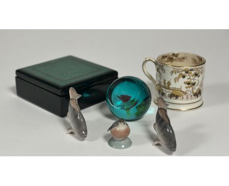 A mixed group comprising a Caithness Scotland Glass Rose paperweight, black and green lacquered box (w-13cm), a Royal Copenha