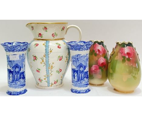 A large Mintons pottery Aesthetic Movement jug decorated with roses and gilt (h- 30cm, w- 28cm), together with a pair of blue