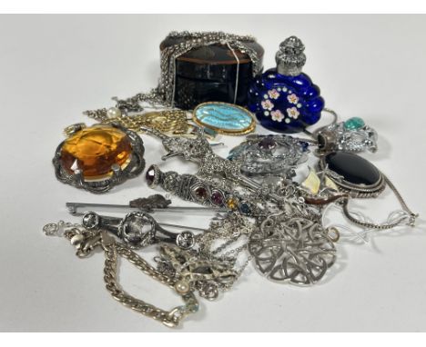 A box containing a collection of white metal and silver jewellery including a pair of paste pearl earrings, marquisette set p