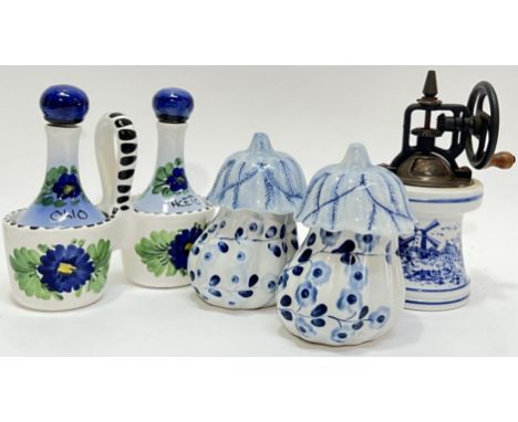 A group of kitchenalia/blue and white comprising an Italian oil/vinegar condiment set, two blue and white gourd/marrow-form c