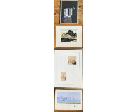 A group of framed works including indistinctly signed Loch Maree print, mixed media titled Entry, watercolour views of Floren