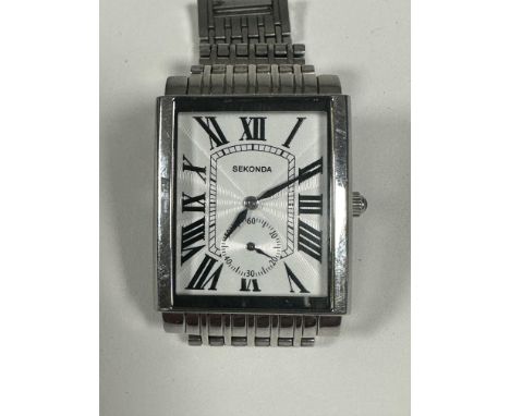 A Gents Sekonda quartz stainless steel large tank style wrist watch with white enamel dial and Roman numerals and seconds dia