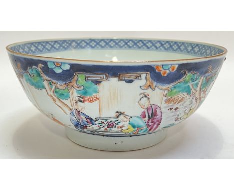 A Chinese porcelain export ware punch bowl with polychrome enamel decoration of figures and landscapes (h- 10cm, w- 22.5cm)