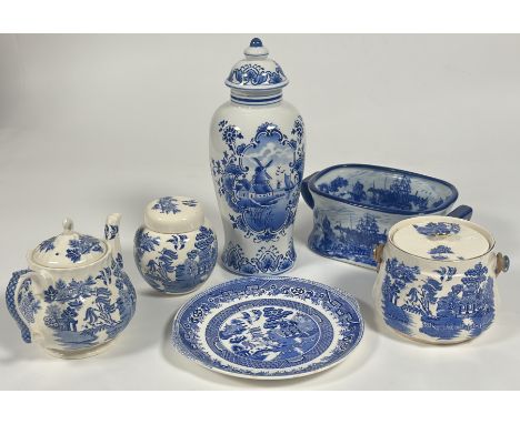 A mixed group of blue and white comprising a Sadler's pottery ginger jar and cover (h-12cm), a tea pot (27cm) and a jar and c